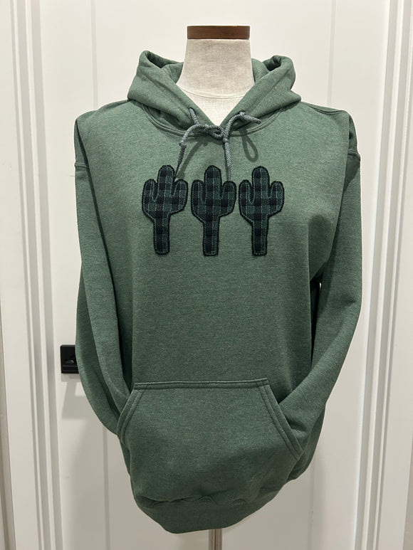 Hoodie with appliqué plaid cactus trio